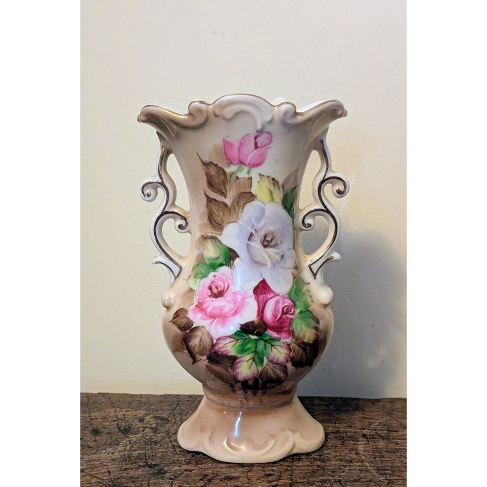 Vintage 8.5" Hand Painted Porcelain Floral Vase Rose Pattern Crossed Arrows Mark
